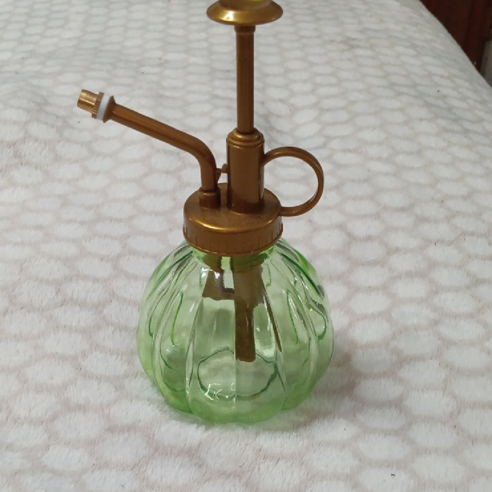 Green Glass Plant Mister with Gold Accents